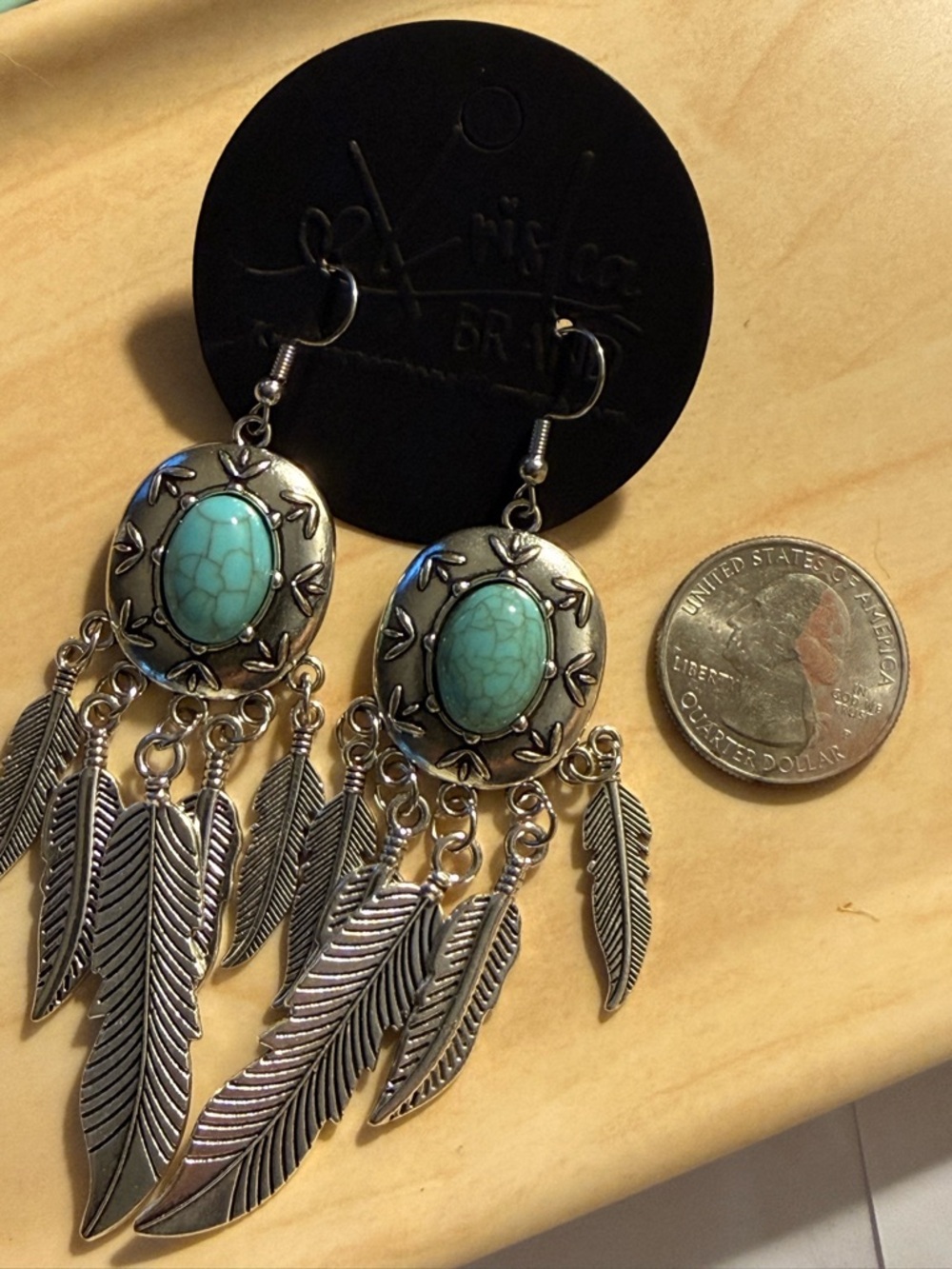 Turquoise Stone Feather Dangle Earrings - Women Jewelry